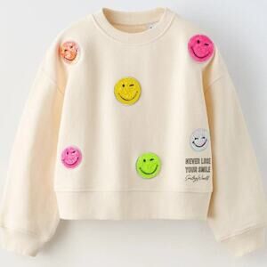 ZARA KIDS | Beige Girls 9-10 Pullover Sweater Sequin Smiley Face Crewneck